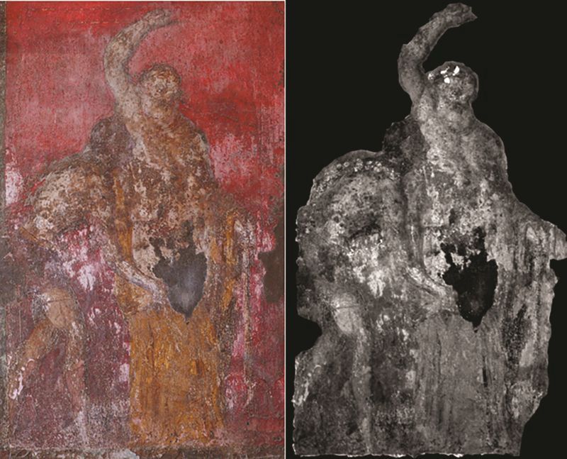 Fig.  2. Pompei, Villa dei Misteri, camera 4: Imagine în lumină vizibilă ; imagine VIL. Pe spatele servitorului apare o ghirlandă realizată în albastru egiptean